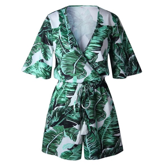 New Lulus Palm Leaf Print Bohemian Spring Romper - Picture 6 of 8